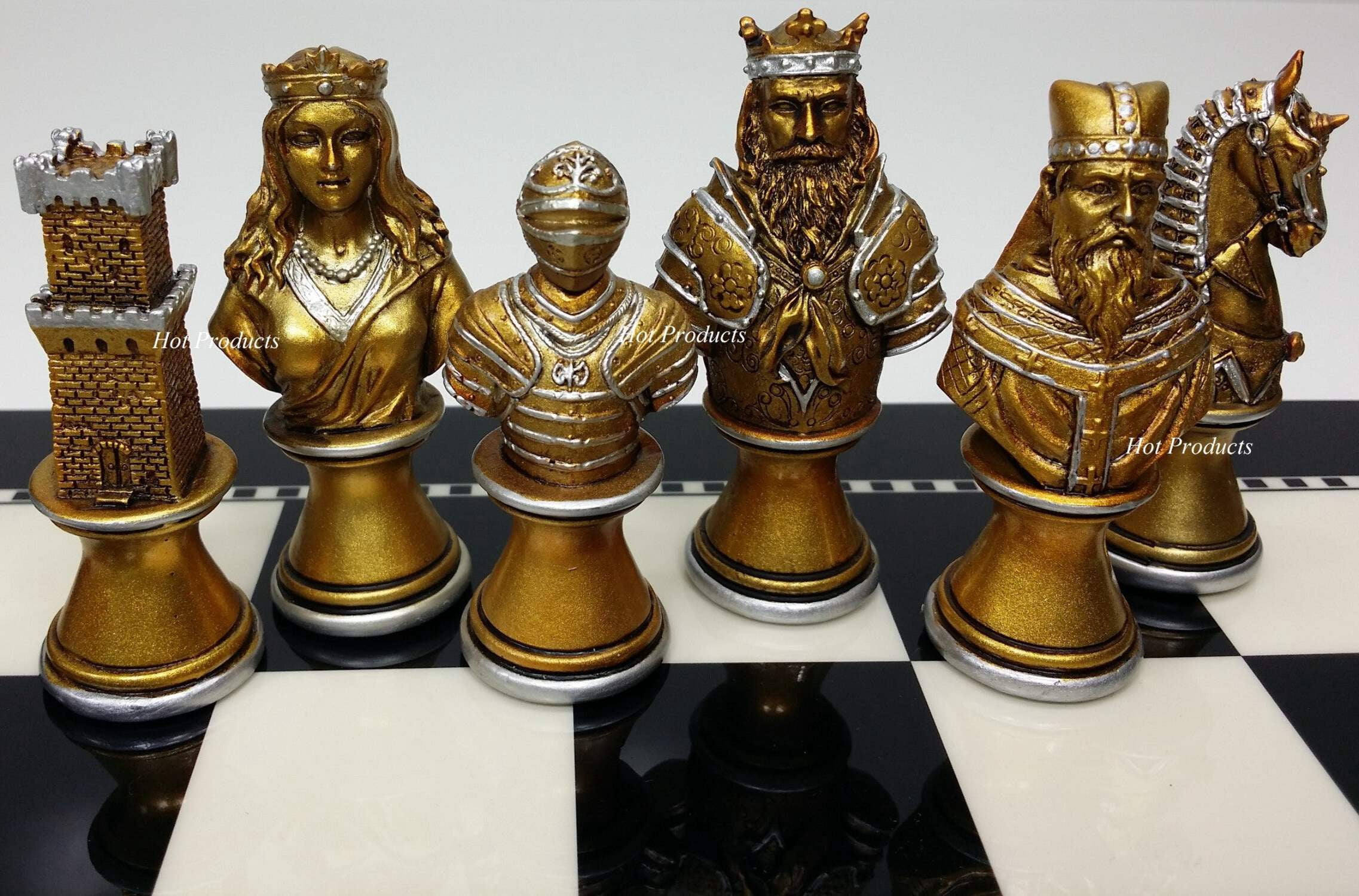 Medieval Times Crusades Gold  Silver Busts Chess Set W/ 15" Black  White Board