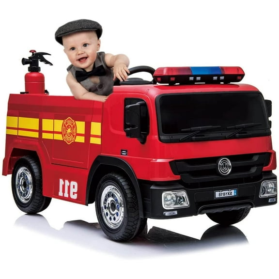 Arlopu 12V Ride on Fire Truck, Kids Electric Vehicles Battery Powered Driving Car Toy with Remote Control for Boys, Girls 2-6 Age Years
