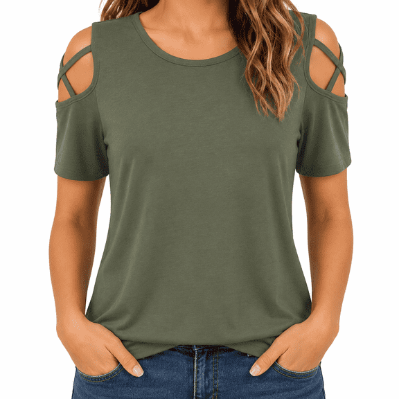 Dpjklzsn Women's Cutout Shoulder T-Shirt, Short Sleeve Crew Neck Cinched Waist Top