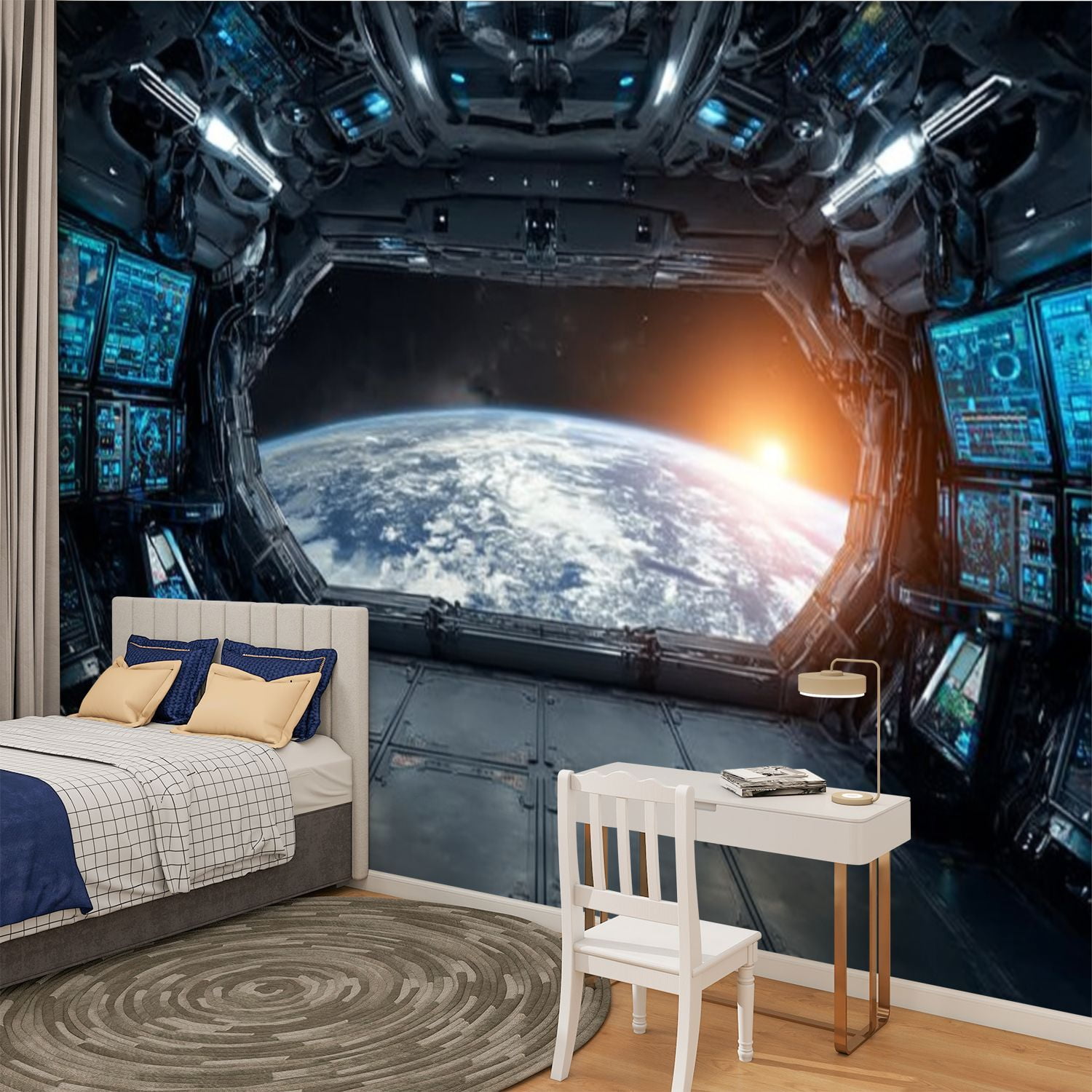 Peel and Stick Wallpaper Dark blue spaceship interior window view 3d rendering elements this Modern Art Wall Mural Decor Self Adhesive and Removable 100in x 144in
