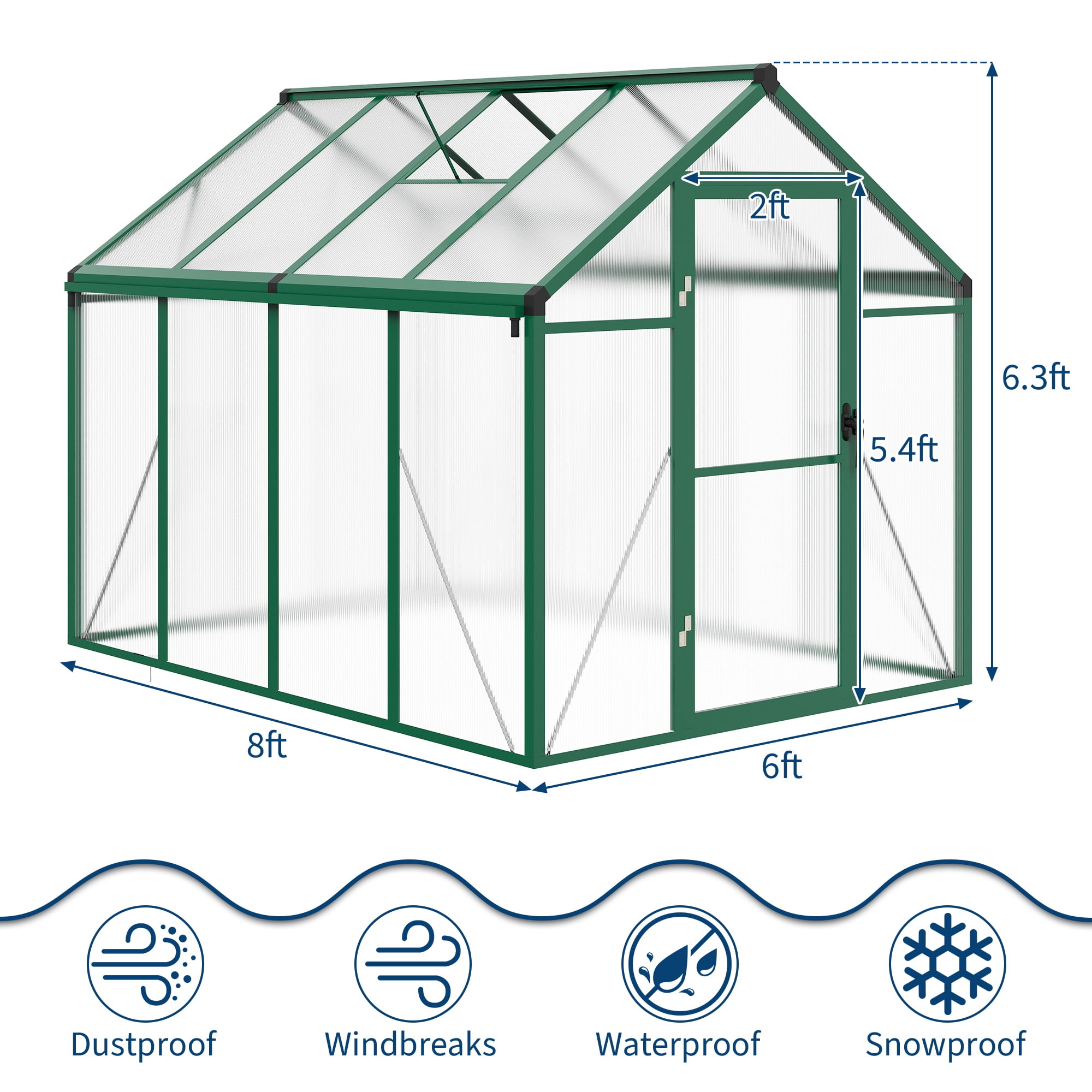 Amkui Large Aluminum Walk-in Green Houses for Outdoors, Polycarbonate Greenhouse with Sliding Doors & Roof Vent, Sunroom Winter Greenhouse for Outside Patio, Backyard, Garden