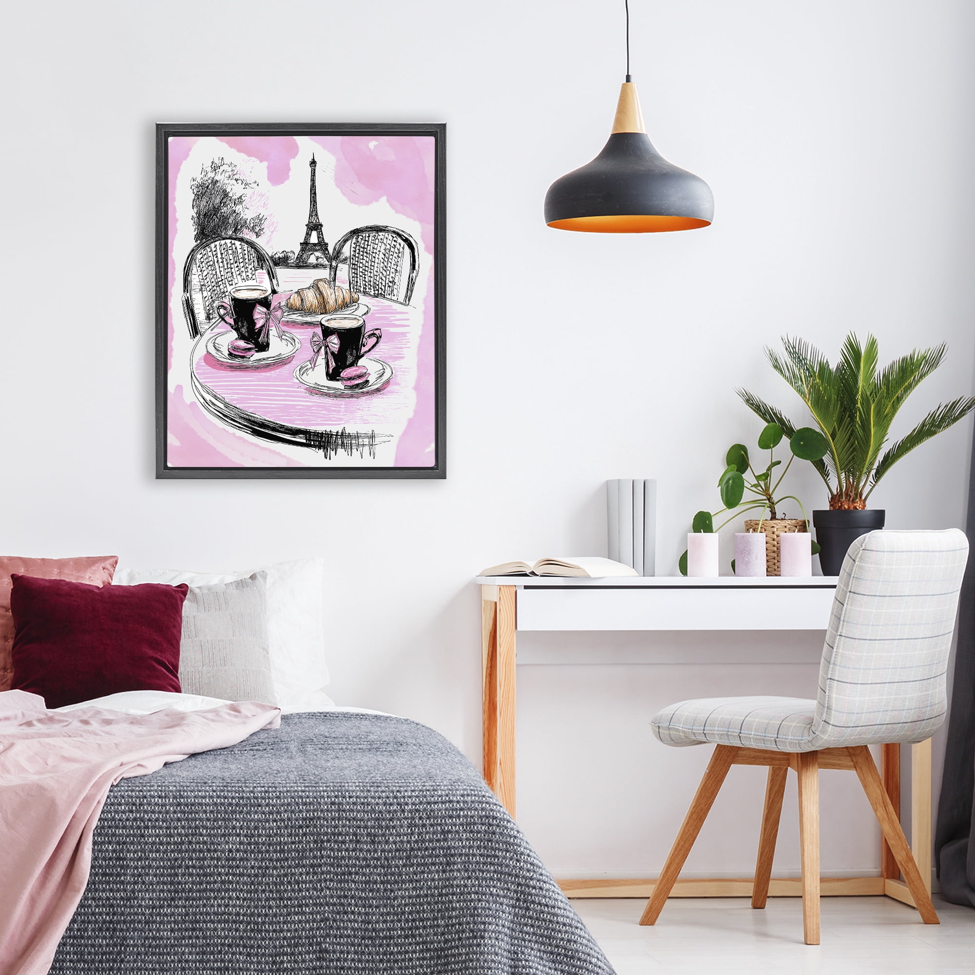 Stupell Industries Pink Parisian Cafe Breakfast Black Framed Floater Canvas Wall Art, design by Jess Stempel