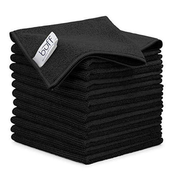 12" x 12" Buff Pro Multi-Surface Microfiber Cleaning Cloths | Black - 12 Pack | Premium Microfiber Towels for Cleaning Glass, Kitchens, Bathrooms, Aut