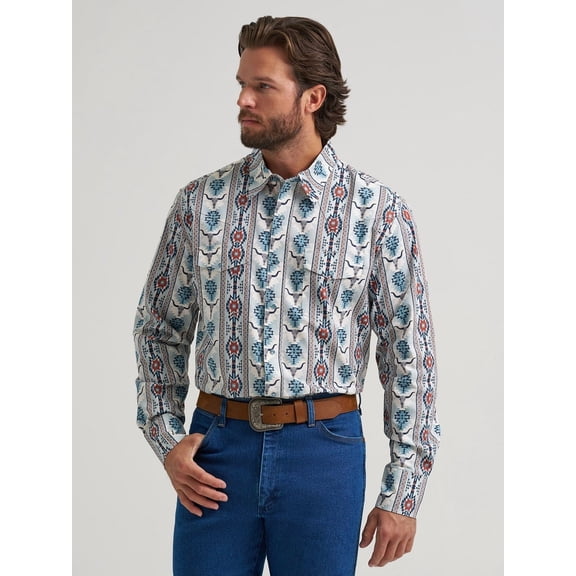 Wrangler Men's Men'S Checotah Southwestern Striped Long Sleeve Pearl Snap Blue XX-