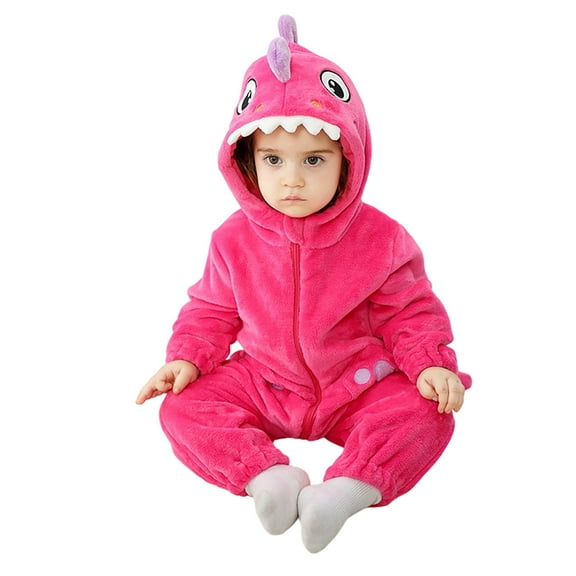 CUZIBR Fall Outfits For Girls Fuzzy Thermal Winter Thick Lined Cute Dinosaur Romper One Piece Long Sleeve Zip Up Jumpsuit Soft Fahion Warm Dailywear,Hot Pink,12-18 Months