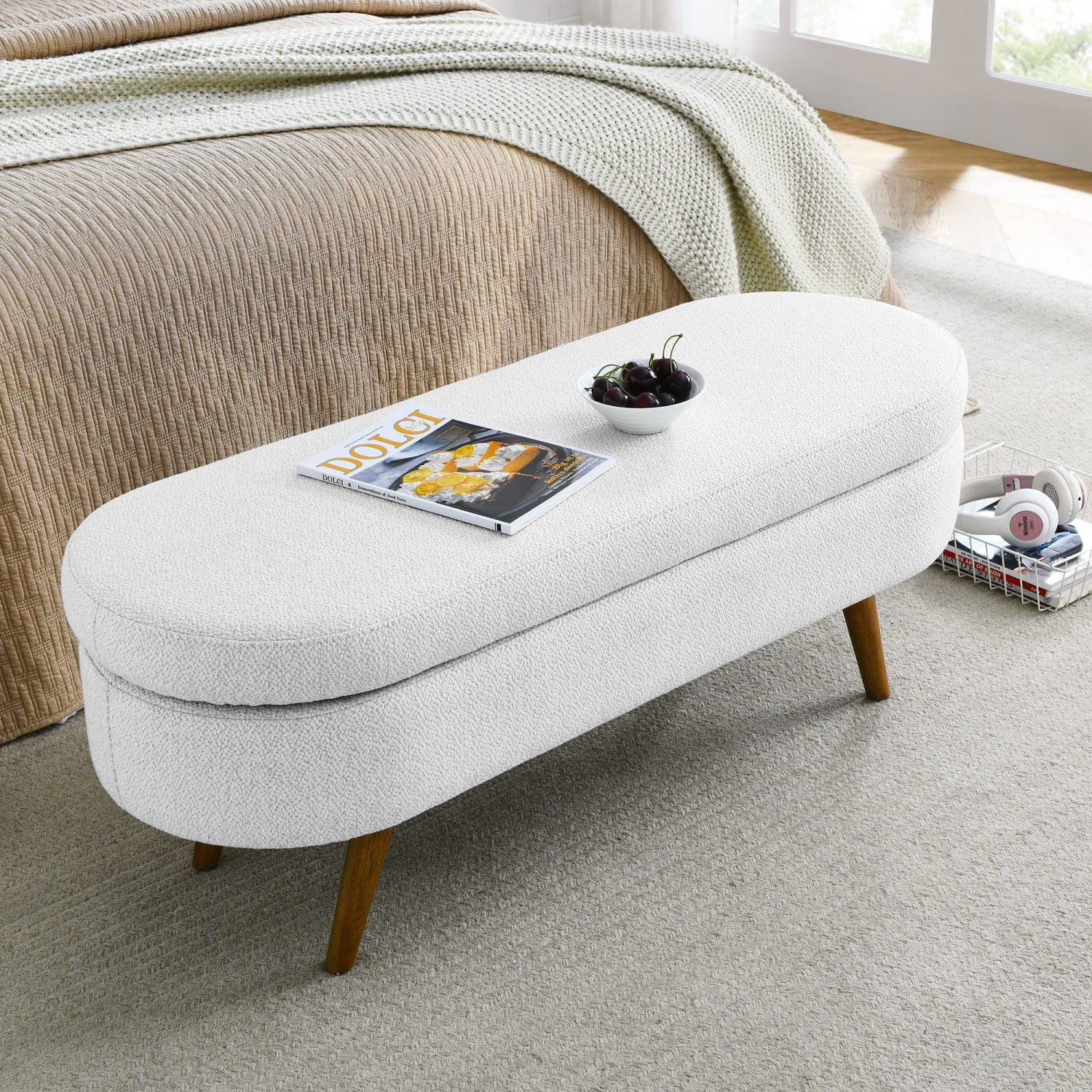 44" Oval Storage Ottoman Bench with Hidden Storage, Upholstered Fabric Ottoman Bench with Rubber Wood Legs for Bedroom, Entryway, Living Room, White