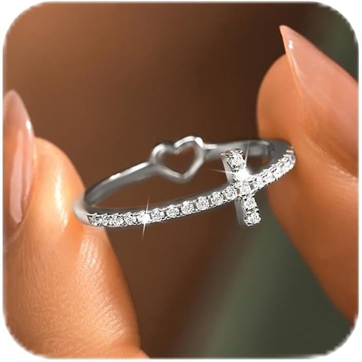 Sterling Silver Plated Cross Rings for Women Cubic Zirconia Faith Hope Christian Rings Heart Ring Promise Rings for Her Purity Ring Mothers Ring Religious Jewelry Easter Baptism Christmas Gifts