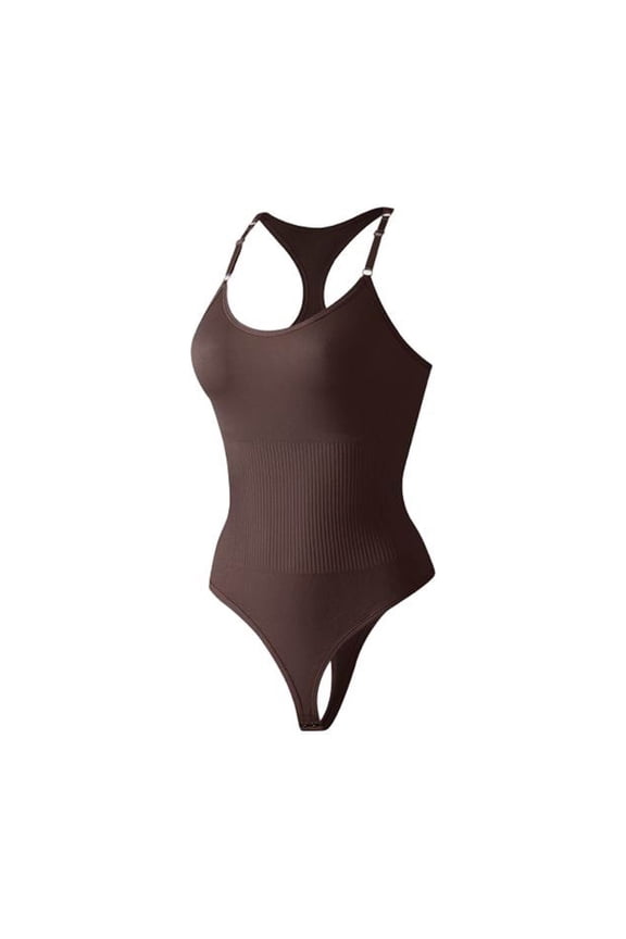 Women's Racerback Bodysuit Adjustable Straps Seamless Thong Tummy Control Shapewear Butt Lifting One Piece Jumpsuit Coffee