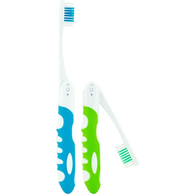 Lingito Brosse à Dents de Voyage, Pliable avec Couvercle Intégré, Randonnée, Camping, Urgence, Compacte, Rabattable, Pliable, Brosses à Poils Moyens de Poche (Lot de 2) (Bleu-Vert)