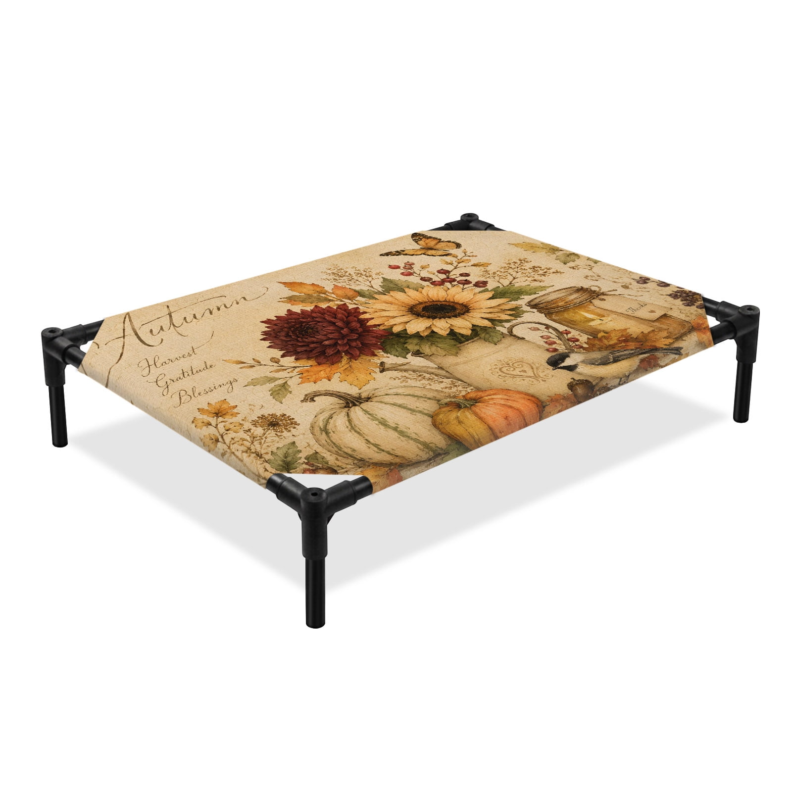 Autumn Elevated Dog Bed Dahlia Flowers Pumpkins Butterfly Bird Botanical Cooling Breathable Outdoor Raised Dog Cot Bed with Metal Frame Non-Slip Feet for Large Dog 28x22in
