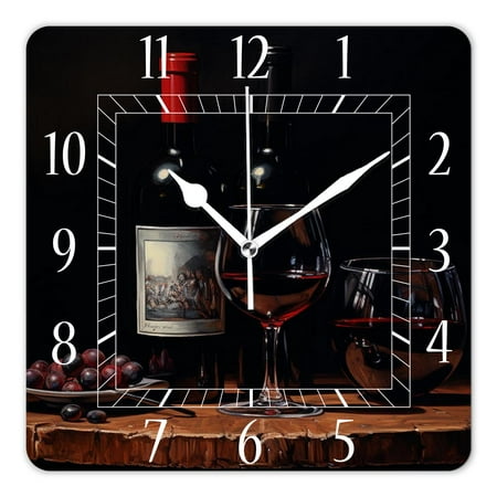 14 Inch Wall Clock Battery Operated Square Clock Decorative for Office, Kitchen, Outdoor, Living Room,Wine Bottles Glass Oak Barrel Elegant Design