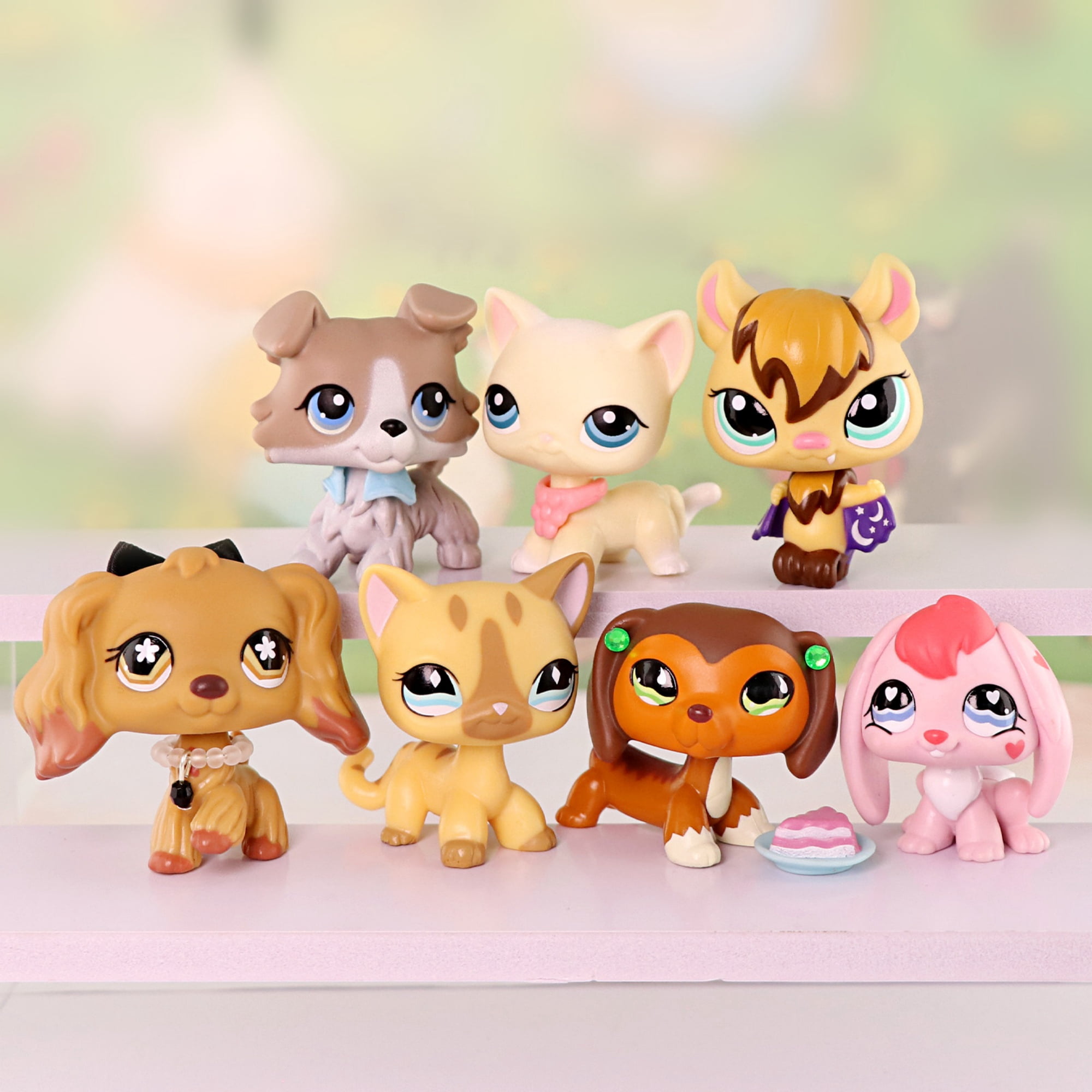 7lot Mini Pet Toys Set Include Dachshund Rabbit Collie Short Hair Cat Bat Cocker Spaniel