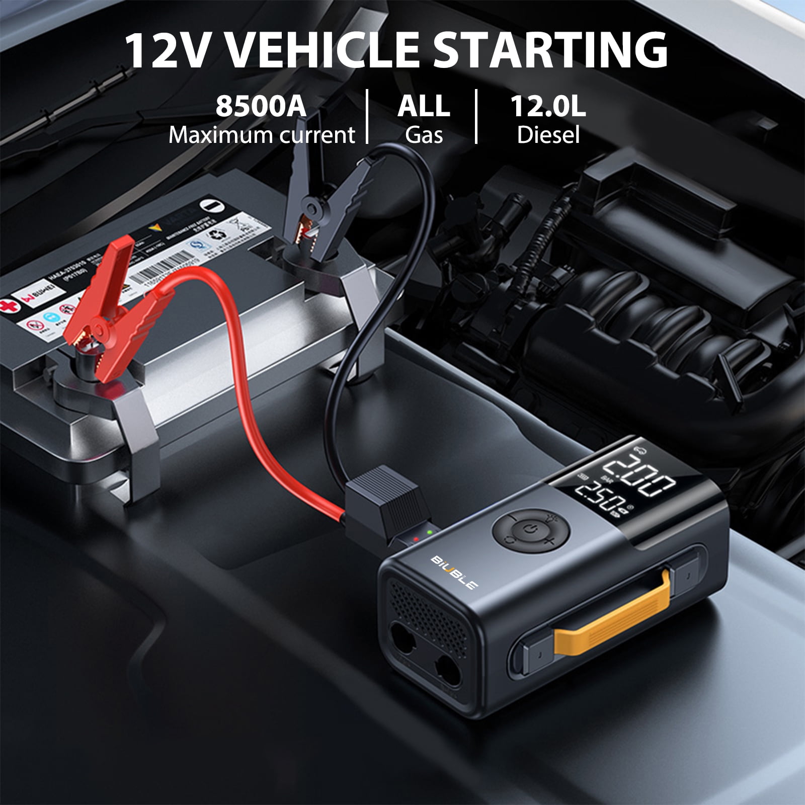 8500A Multi-function Car Jump Starter with Air Inflator/Deflator Compressor, 7-in-1 Car Battery Jump Starter with LED Emergency Light,Portable Car Jump Starter for Gasoline or Diesel