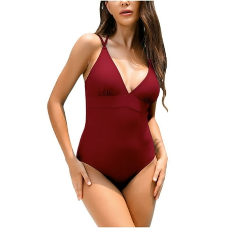 Sodopo Women s Crisscross Back Ruched One Piece Swimsuit Plunge Neck Cross Back High Cut Bathing Suits Slimming Solid Color Thin Straps Bodysuit Monokini
