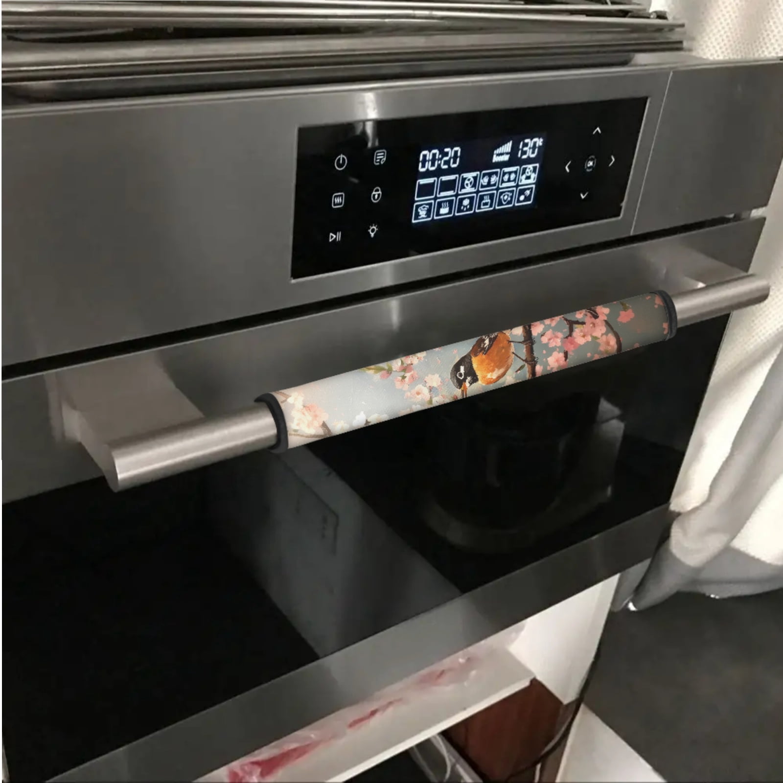 SEANATIVE 6 PCS Refrigerator Door Handle Covers Electric Appliance Handles Decor Anti-skid Protector Gloves for Fridge Oven Kitchen Cabinet Home Decor, American Robin Bird Pink Flower Gray
