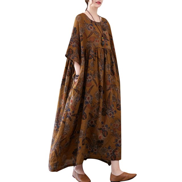 Vestido, Vestido suelto de mujer con bolsillos Impreso Vintage Casual Holiday Beach Dress Tomshoo Caqui oscuro