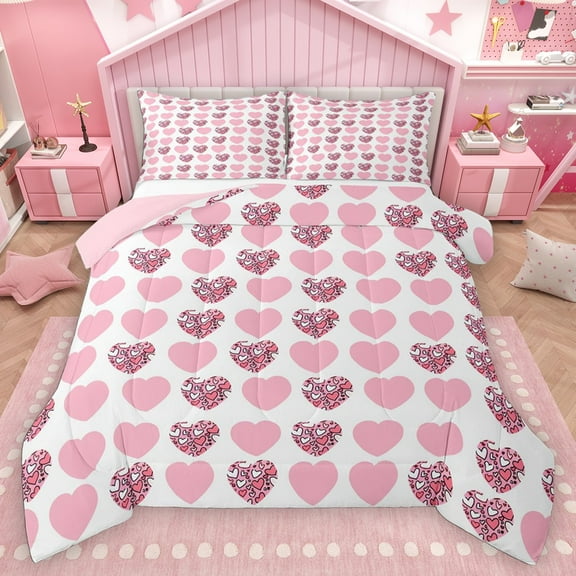 Homewish Love Heart Print Bedding Comforter Set 2pcs for Female Men Adults,Pink White Twin Comforter Sets Microfiber,Romantic Valentine's Day Breathable Bedding Set,Microfiber Bedroom Decor