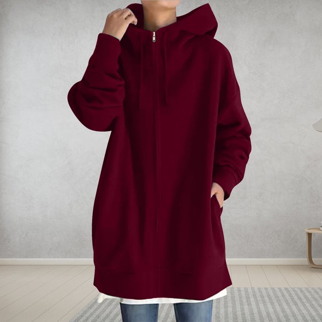 Sentuca - Abrigos ligeros de talla grande para mujer, chaquetas largas con cremallera, finas, para otoño e invierno, color vino, talla L