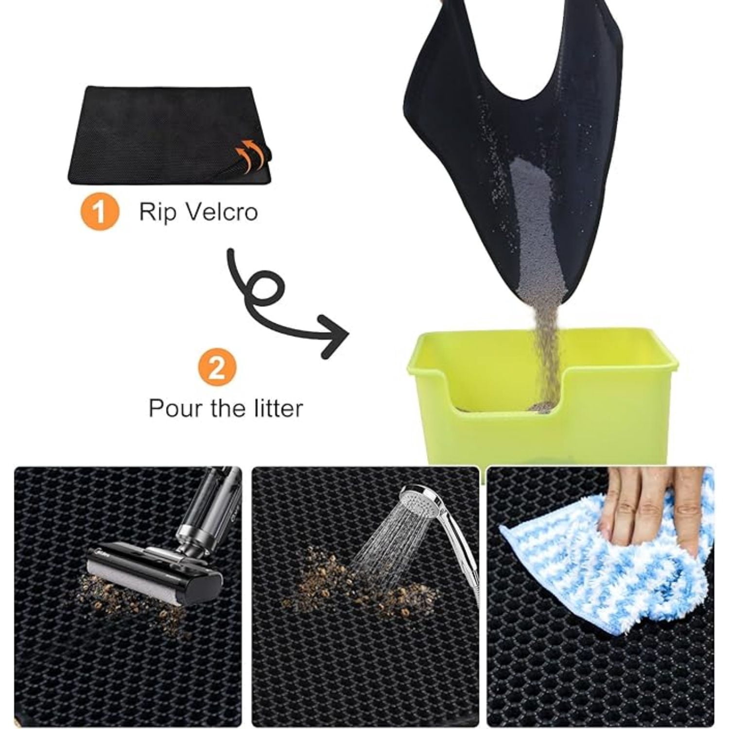 Cat Litter Mat,45"x32" Extra Large Cat Litter Box Mat,Honeycomb Double Layer Kitty Litter Trapping Mat,Soft EVA Material,Urine & Waterproof,Scatter Control,Easy Clean,Washable(Black)