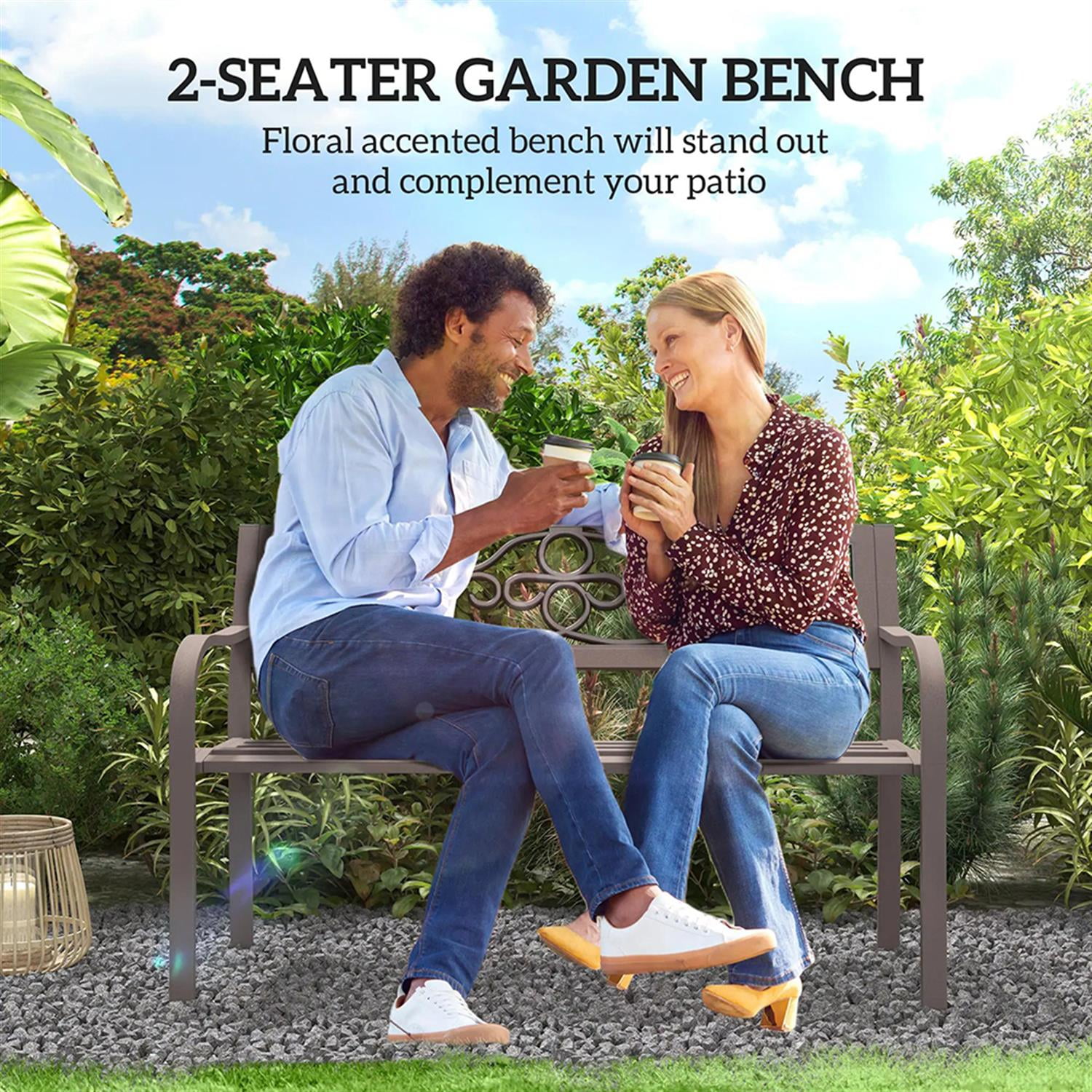 Demi Bonn Patio Garden Bench Metal Park Bench, Outdoor Benches Furniture with Floral Pattern Backrest & Slatted Seat for Patio, Park, Lawn, Yard, Brown