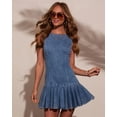 thumbnail image 5 of Women's Blue Sleeveless Denim Mini Dress, Pleated Drop Waist Ruffle Hem Dress, 5 of 6