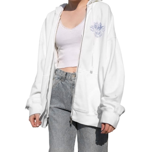 Veste Graphique à Capuche Surdimensionnée pour Femmes Y2K à Manches Longues avec Fermeture Éclair Vintage