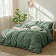 thumbnail image 6 of MooMee 100% Washed Cotton Duvet Cover Set Full Linen Like Textured Breathable 3-Piece (Heathered Green), 6 of 6