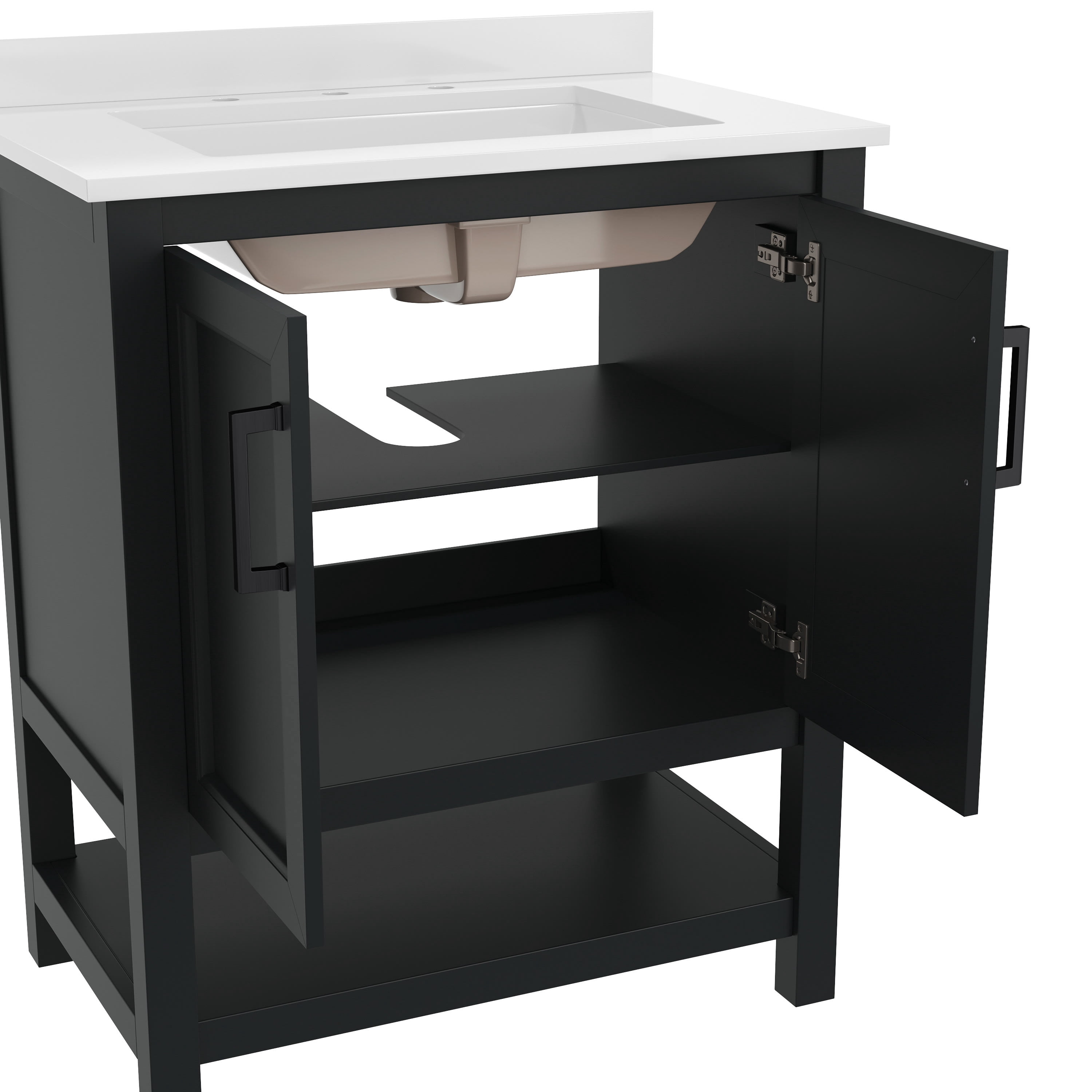 Merrick Lane 30 Inch Bathroom Vanity with Ceramic Sink, Carrara Marble Finish Countertop, Storage Cabinet with Soft Close Doors and Open Shelf in Black/Black