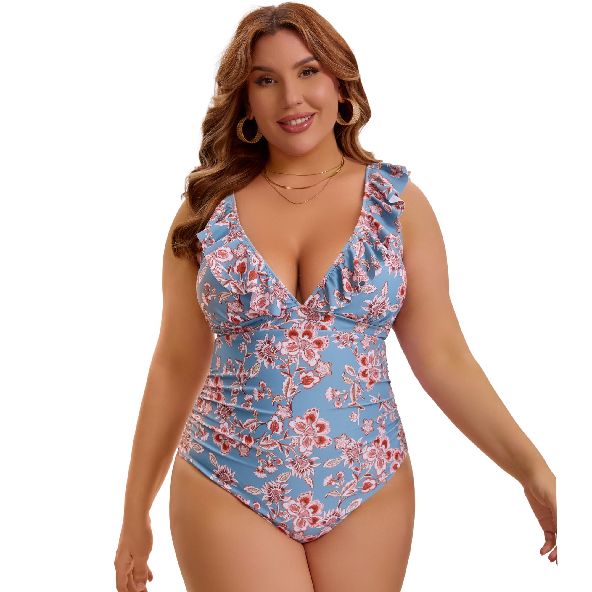 DARING DIVA Women's Plus Swimsuit Ruffled V Neck Tummy Control Bathing Suit 2X Sage Green