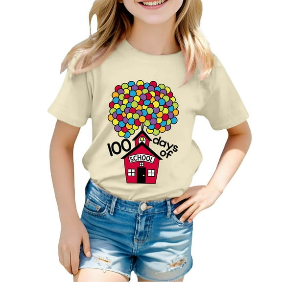 WOYY Toddler Girl's 100 Days of School T Shirt Short Sleeve Graphic T-Shirt Summer Tee