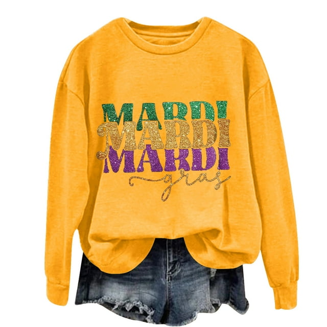 Robe Chandail en Molleton Jaune pour Femmes, Mode Polyester Chandails à Capuchon & Chandails en Molleton, Chandails en Molleton Graphiques pour Femmes, Top à Manches Longues Col Rond Imprimé Lettres Mardi pour Femmes