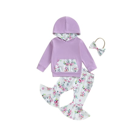 

Licupiee Toddler Girl Autumn Clothes Long Sleeve Hoodies Sweatshirt FlowerElephant Print Flare Pants Headband Outfit