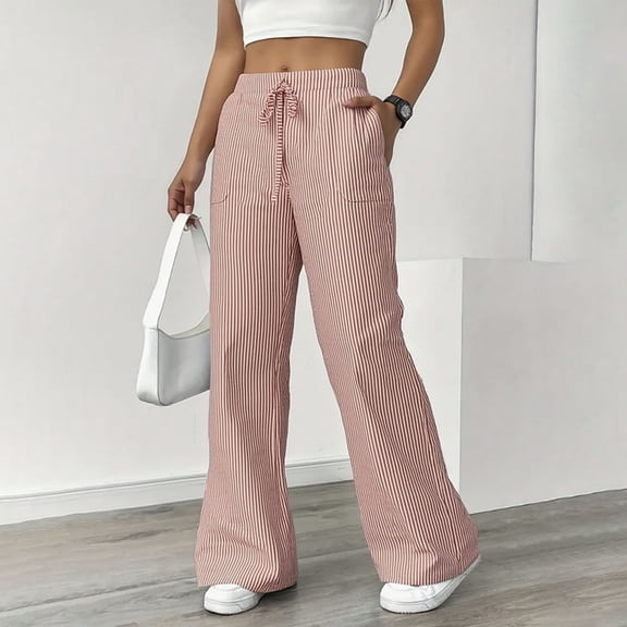 Tqcoqu Striped Pants for Women Baggy Drawstring Wide Leg Lounge Pants with Pockets Loose Lightweight Soft Casual Pants,Red,Women's S-XXL