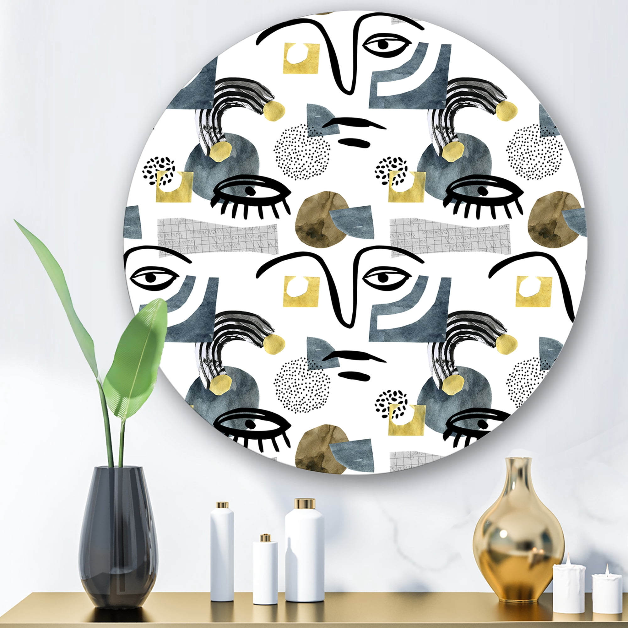 Designart 'Collage of Eyes And Doodles In Contemporary Style I' Modern Circle Metal Wall Art 11x11 - Disc of 11