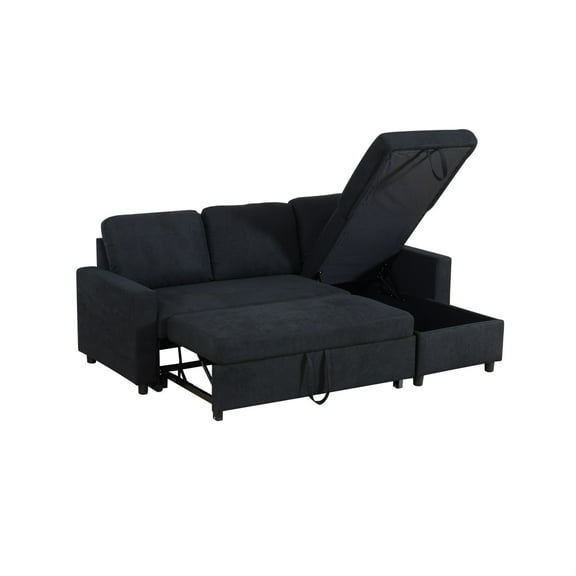 Hommoo Flannelette Reversible L-Shaped Sleeper Sofa Bed, Modern Sectional Couch Sofa Bed with Storage, Pull-Out Couch Sofa for Living Room, Bedroom and Office, Black