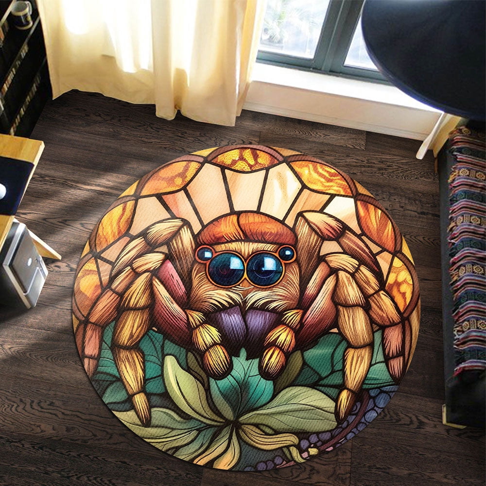 Round Area Rug, Jumping Spider Non-Slip Floor Mat, Soft Washable Carpet for Living Room Bedroom Decor 24 Inch
