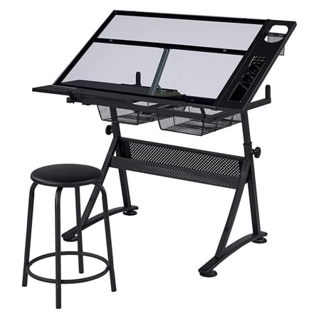 Height Adjustable Drafting Desk Artist Drawing Table Tilted Art Desk Work Station w/2 Storage Drawers and Stool for Home Office