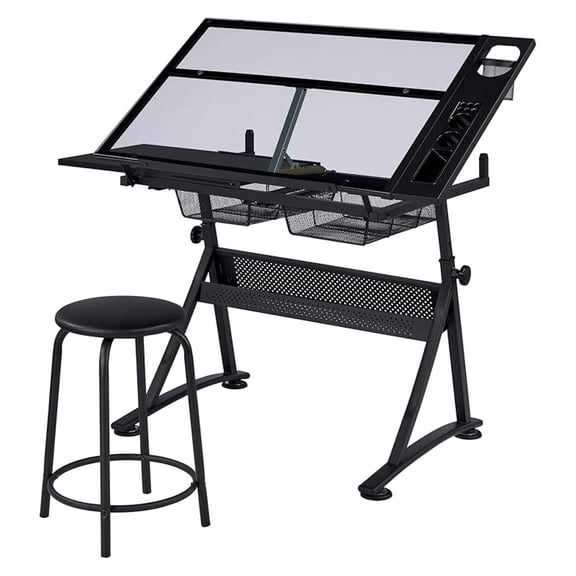 Height Adjustable Drafting Desk Artist Drawing Table Tilted Art Desk Work Station w/2 Storage Drawers and Stool for Home Office