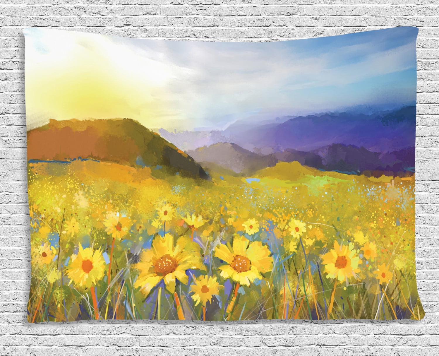 Fine Art Tapestry, Daisy Flower Blossom Meadow Painting with Hills