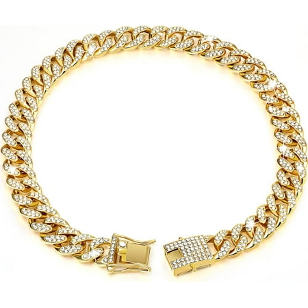 SAVUK Dog Chain Diamond Collar Walking Metal Chain Necklace with Secure Buckle Pet Cuban Style Collar Jewelry Accessories for Small Medium Large Dog Cats