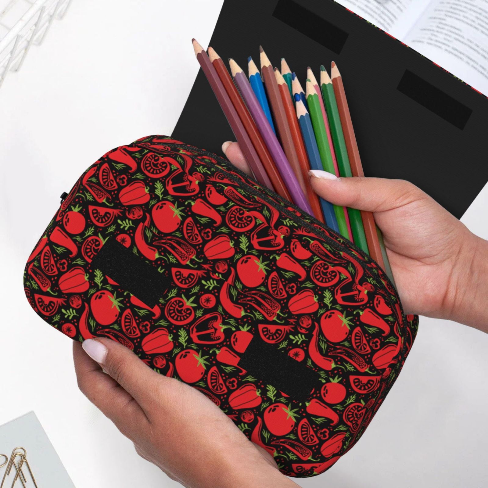 Rateoe Tomatoes And Chili Pattern Double Clamshell Pen Case, Storage Organizer with Two Zipper Compartments– Holds Up to 50 Pencils & Pens