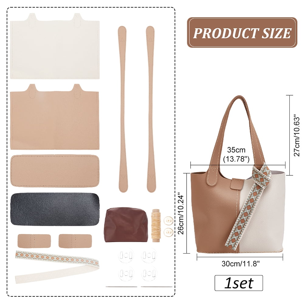 DIY Sew on PU Leather Bag Making Kit Including PU Leather Fabrics Polyester Bag & Bag Straps Magnetic Clasp Needle Cotton Thread Tan