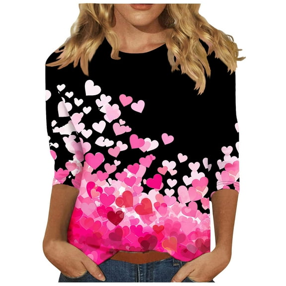 3/4 Sleeve T Shirts for Women - Valentine's Day Outfits Gifts Graphic Tee Love Heart Printed Crew Neck Tops, Black&Pink,XL