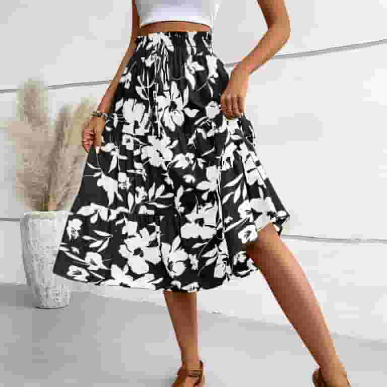 GXIPO Floral Midi Skirt for Women High Waist Elastic Tiered GXIPO Floral Midi Skirt for Women High Waist Elastic Tiered