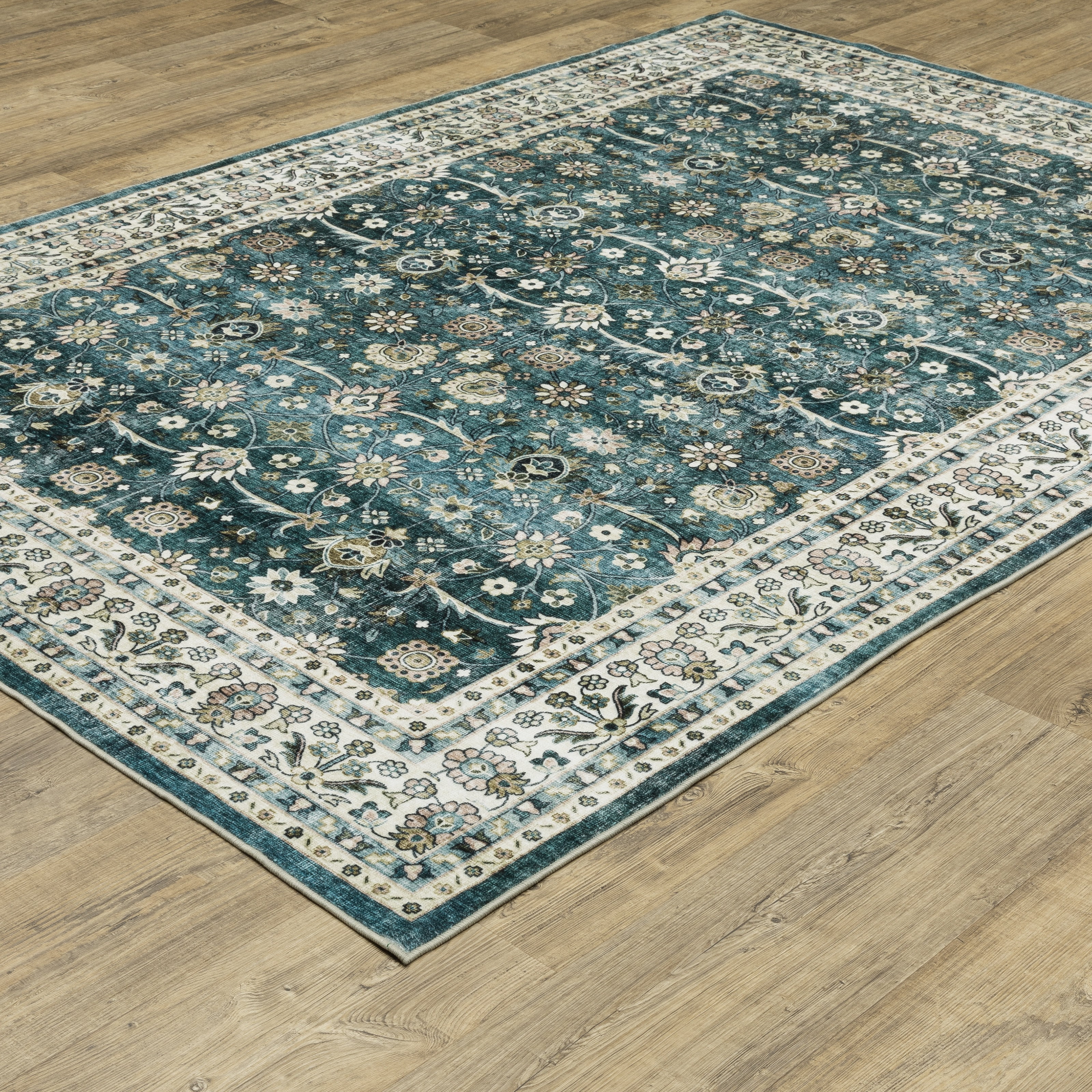 Avalon Home Sebastian Vintage Bordered Teal/ Ivory Washable Indoor Area Rug
