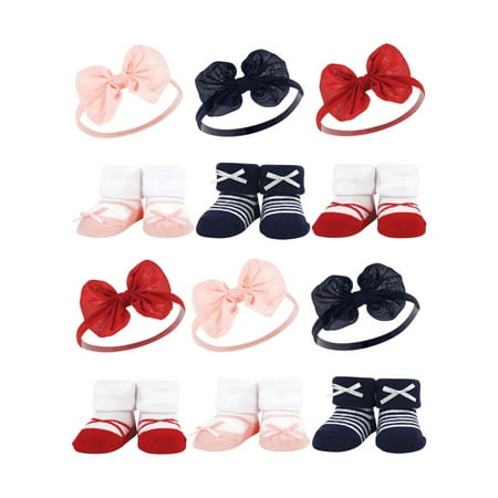 Hudson Baby Infant Girl 12Pc Headband and Socks Giftset, Red Navy Bows, One Size
