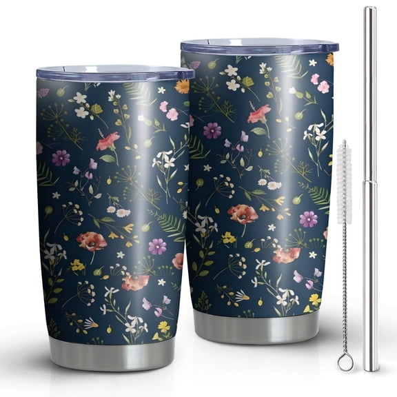 20oz Tumblers Pioneer Flower Floral Print Pattern Stainless Steel Vacuum Insulated Double Wall Travel Tumbler Cups Mug with Lid and Straw,Cleaning Brush for Cold & Hot Drinks