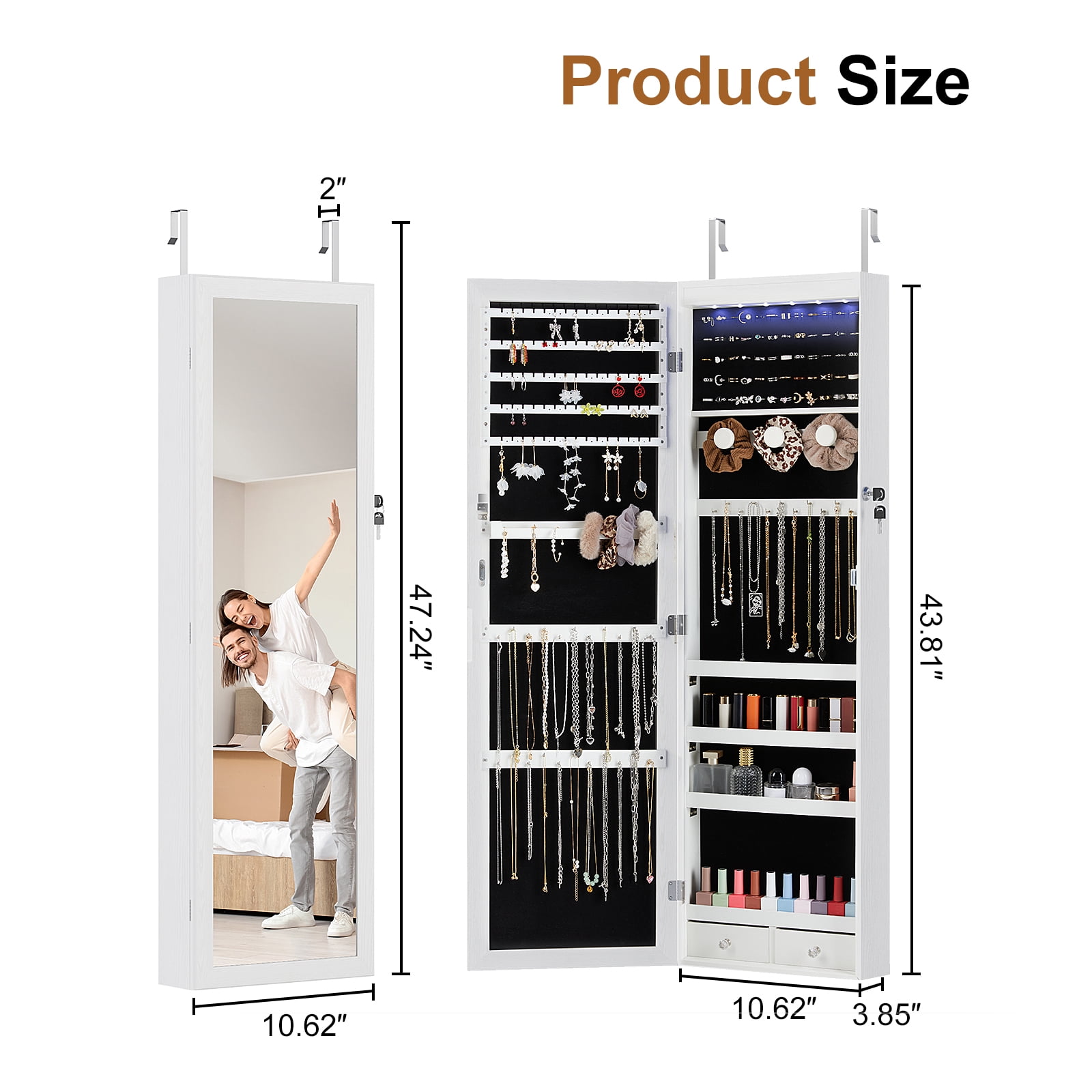 GIANNA Jewelry Cabinet With Lights, Lockable Jewelry Organizer Rotatable Full Length Mirror, Wall Mounted/Door Hanging, 47.2-Inch Tall, White