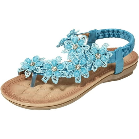 

CoCopeaunts Women\‘s Flower Flat Sandals Bohemia Summer Beach Sandals Rhinestones Elastic Strap Sandals Shoes for Travel Outdoor