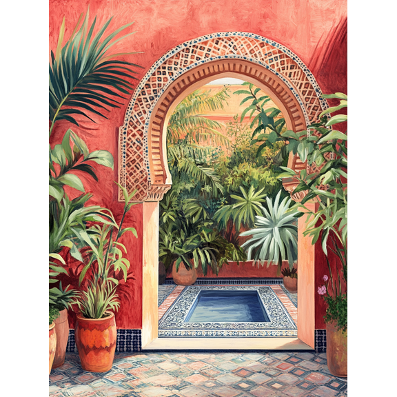 Moroccan Courtyard Archway Canvas Print/Wall Art, Suitable for Living Room, Bedroom, Bathroom, Dining Room, and Office Decor.